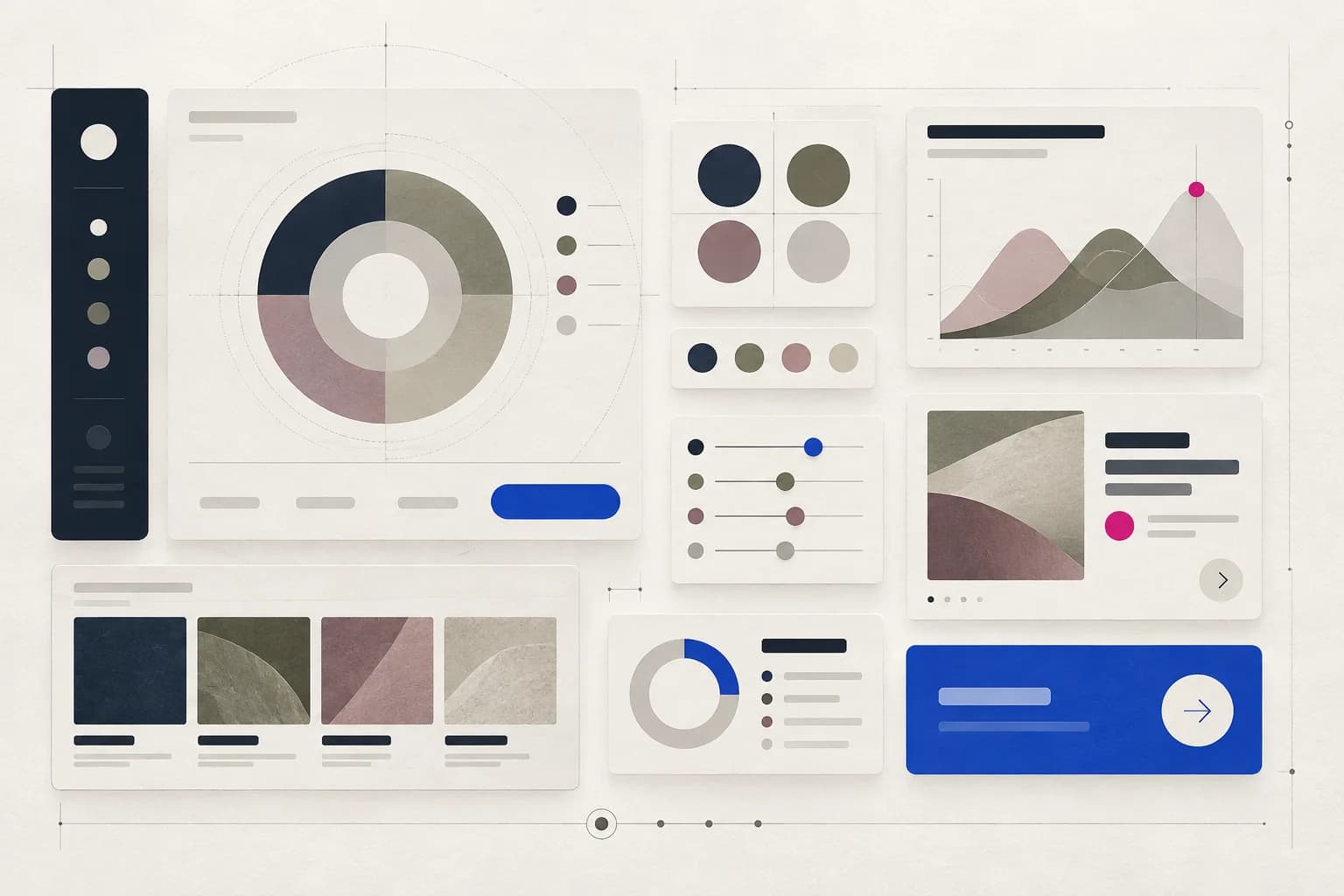 Original interface mood board translating neutral, nuanced, and bright color roles into digital design